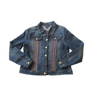 HANNAH Denim Jacket Colorful Geometric Embroidered‎ Back Front Pockets Medium